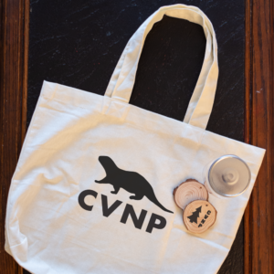 canvas bag with CVNP otter stencil and tree cookies