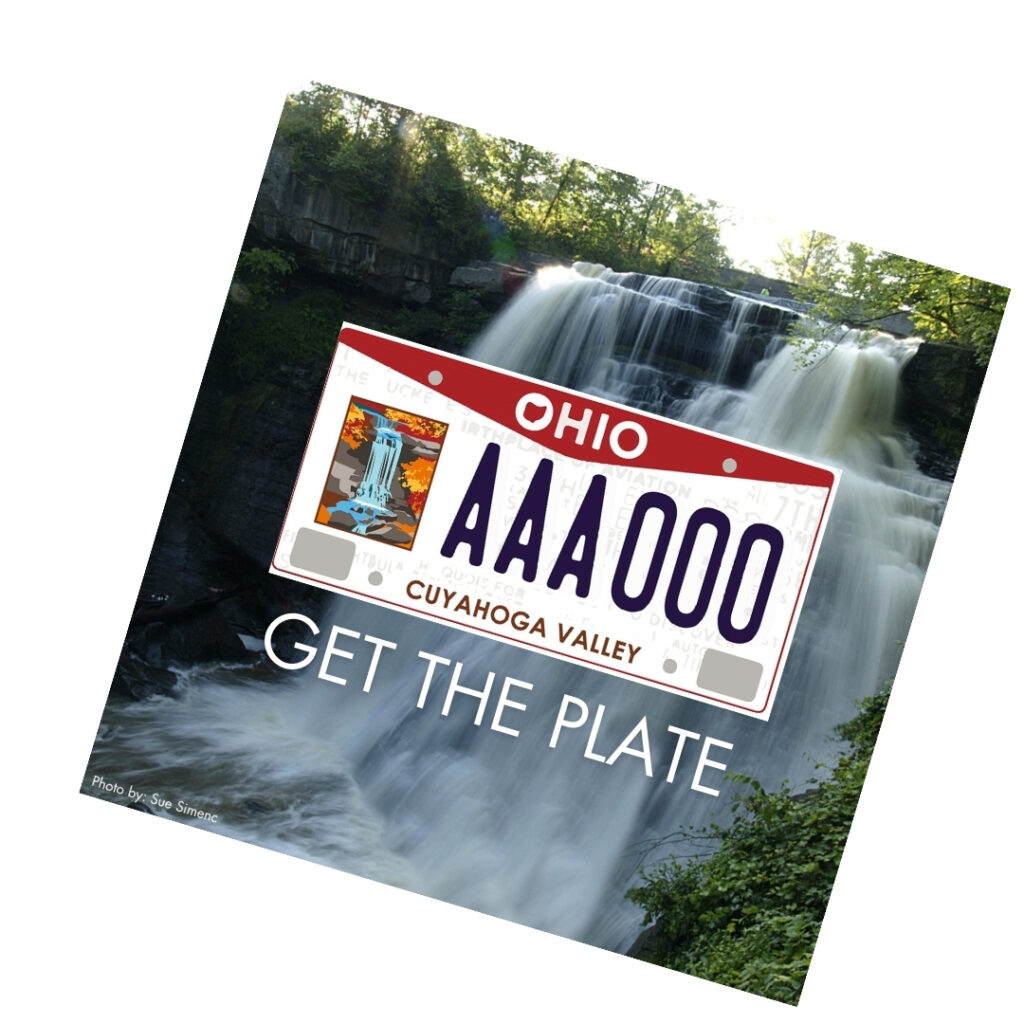 A photo of a waterfall serves as the backdrop for a license plate with a waterfall illustration and the words Cuyahoga Valley. Beneath the plate are the words: Get the Plate. 