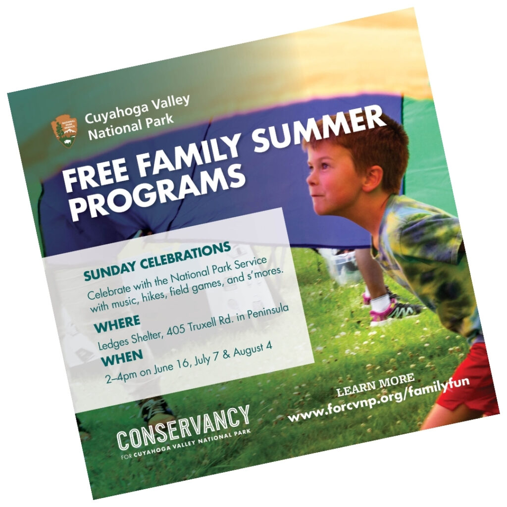 A graphic with a photo of a young boy running under a parachute outside. The graphic title reads Free Family Summer Programs and gives information for Sunday Celebrations events this summer.