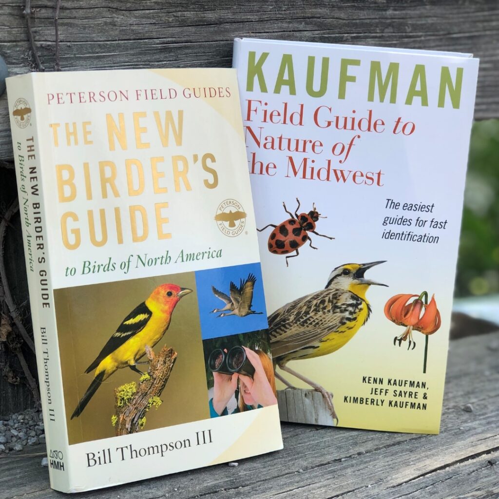 A photo of two birding guidebooks. One is titled The New Birder's Guide and the other is the Field Guide to Nature of the Midwest. 