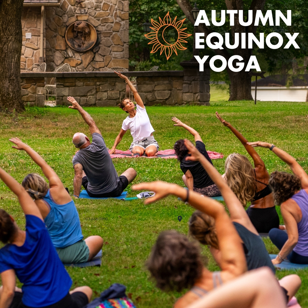 A group of people practicing outdoor yoga. The words Autumn Equinox Yoga and a graphic of an orange sun are included on the photo.