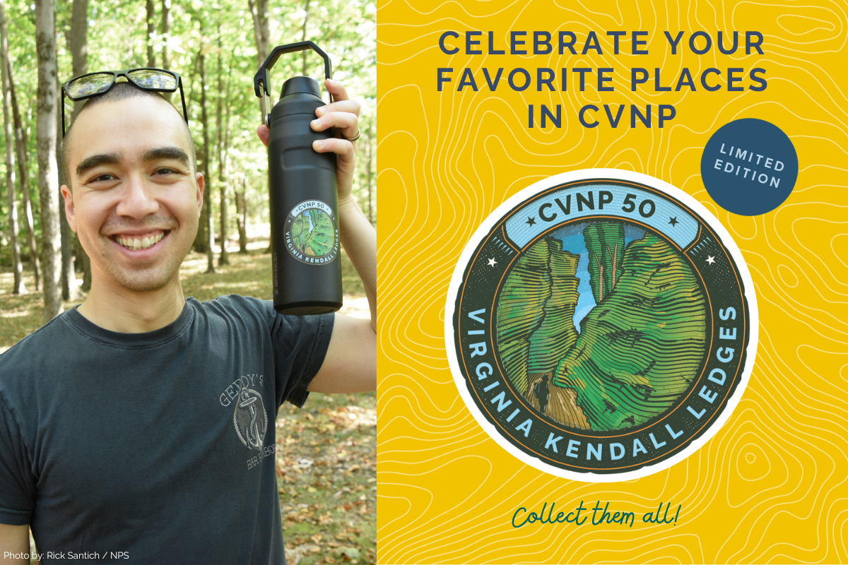 A graphic with a yellow background and an image of an illustrated sticker that reads CVNP 50 and Virginia Kendall Ledges. Other words on the graphic read: Celebrate your favorite places in CVNP, limited edition, and collect them all. A photo of a smiling man standing outside in a forest holding a water bottle with the described sticker on it. 
