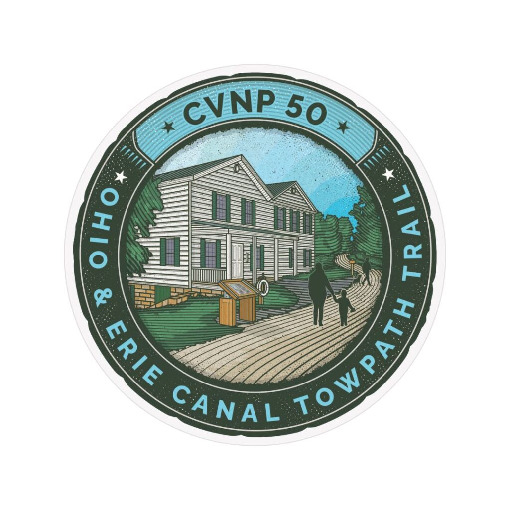 A graphic of an illustrated sticker that reads CVNP 50, Ohio & Erie Canal Towpath Trail. An illustration of people walling on the trail past a historic building is in the center.