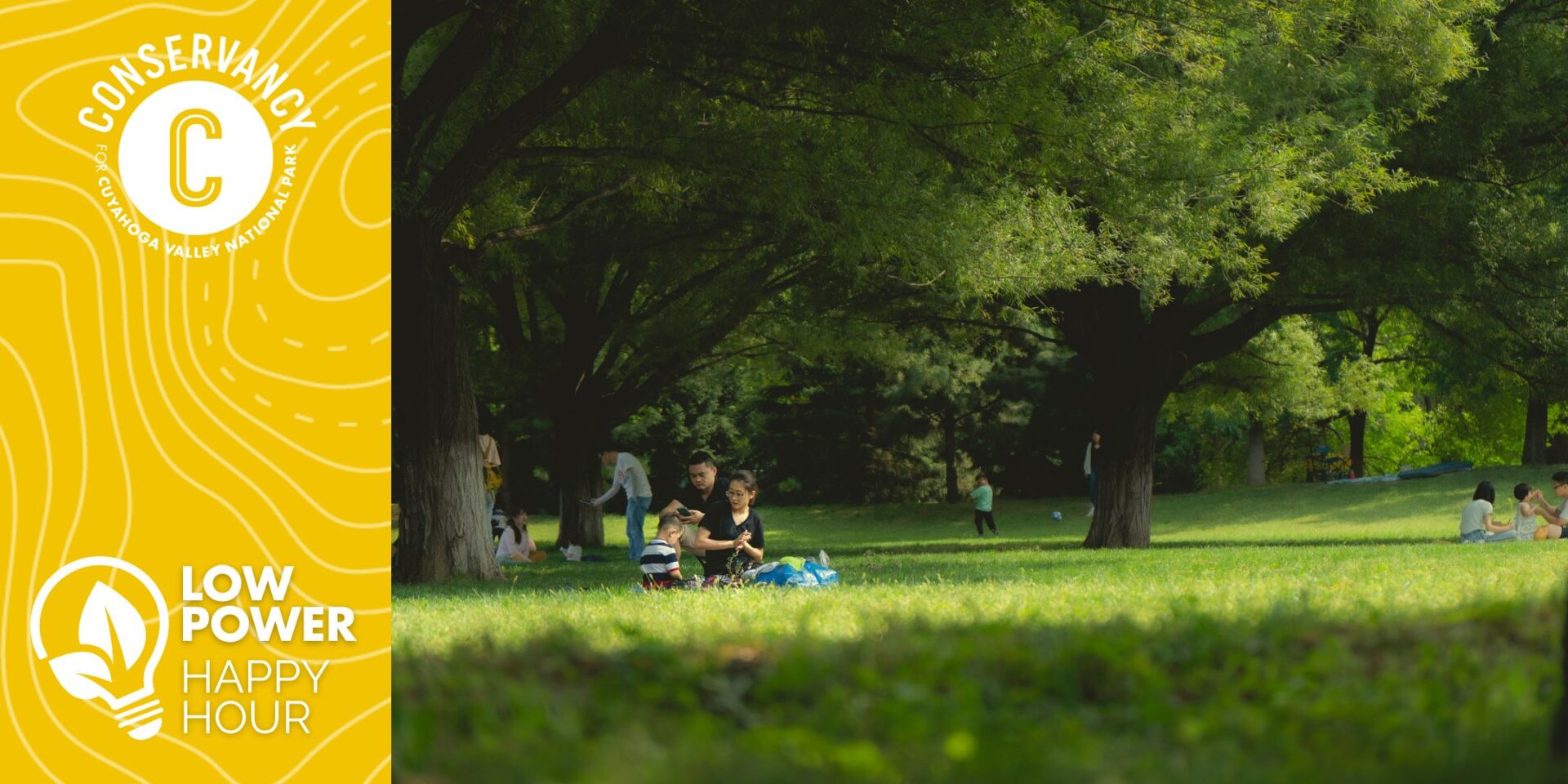 Low Power Happy Hour heading with Park like setting with people sitting in grass.