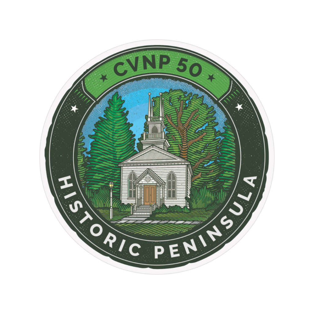 A graphic of an illustrated sticker with the words CVNP 50 and Historic Peninsula. The drawing is of Bronson Church in Peninsula. 
