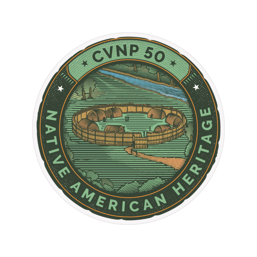 A graphic of an illustrated sticker that reads CVNP 50, Native American Heritage. The drawing depicts Native American dwellings by a river. 
