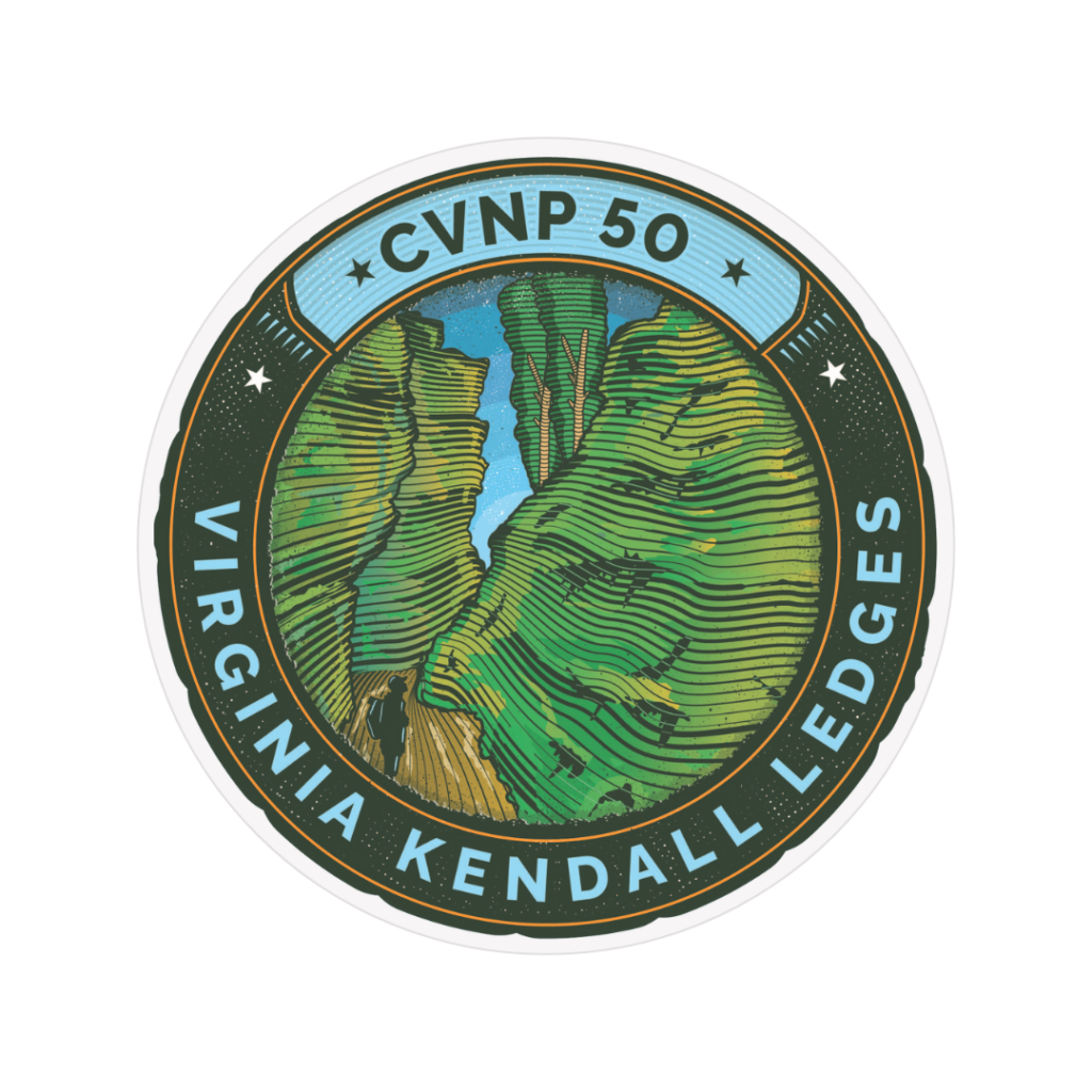 A graphic of an illustrated sticker with the words CVNP 50 and Virginia Kendall Ledges. The drawing is of large moss-covered rock formations. 