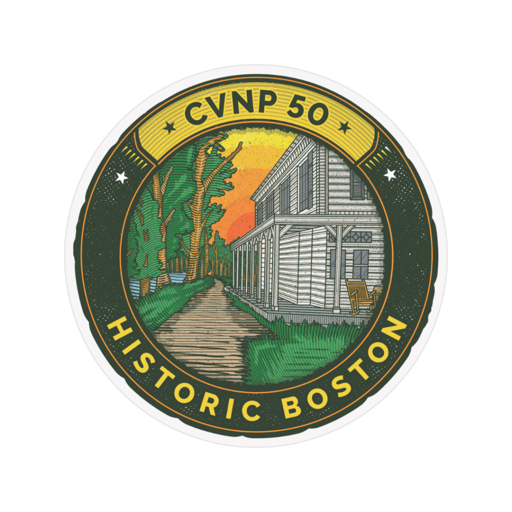 A graphic of an illustrated sticker with the words CVNP 50 and Historic Boston. The drawing includes a path and a historic building, Boston Store, with a wrap-around porch.