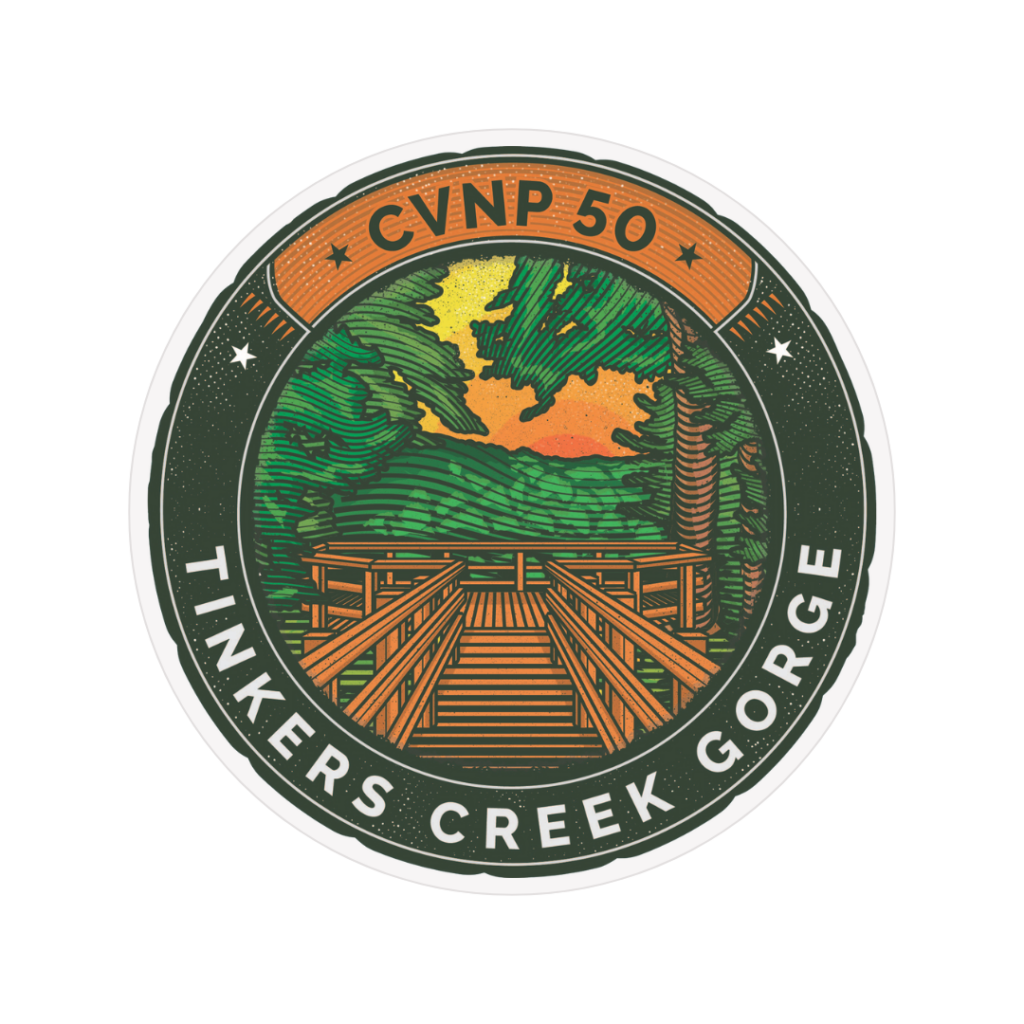 A graphic of an illustrated sticker with the words CVNP 50 and Tinkers Creek Gorge. The drawing is of a wooden overlook and boardwalk facing a scenic landscape.