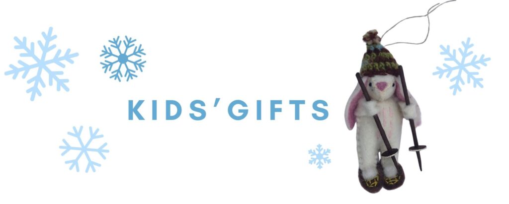 A graphic that includes a photo of a felted ornament in the shape of a rabbit in a winter hat wearing snowshoes and holding trekking poles, several graphic snowflakes, and the words kids' gifts.