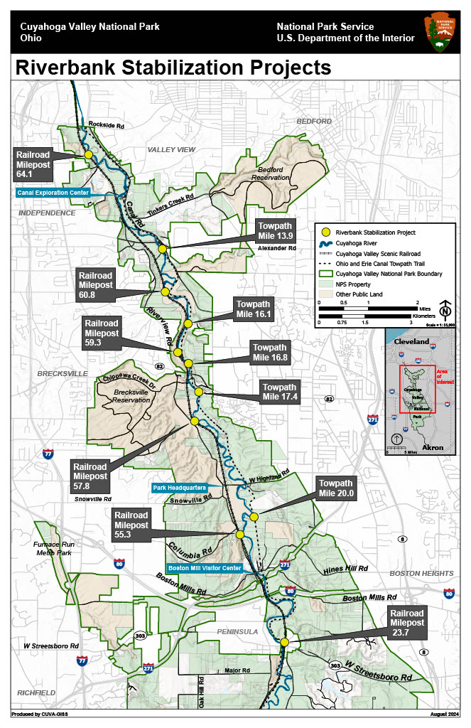 Map of park that shows the location of all Riverbank Stabilization projects with markers at Railroad Milepost 64.1, Towpath Mile 13.9, Railroad Milepost 60.8, Towpath Mile 16.1, Railroad Milepost 59.3, Towpath Mile 16.8, Towpath Mile 17.4, Railroad Mailepost 57.8, Towpath Mile 20.0 and Railroad Milepost 23.7.