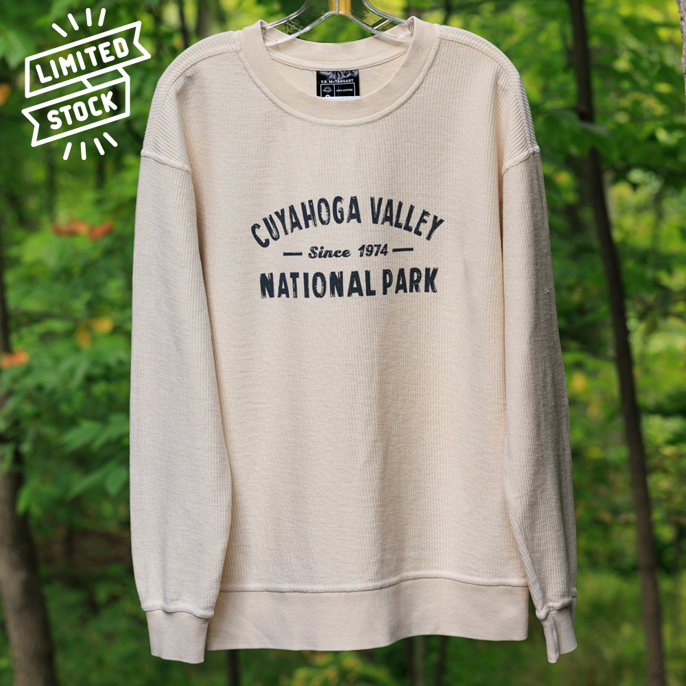 Cream cord-sweatshirt with Cuyahoga Valley National Park Since 1974.