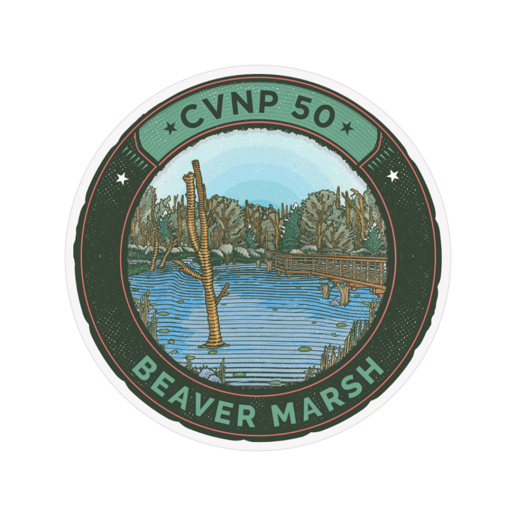 A graphic of an illustrated sticker that reads CVNP 50, Beaver Marsh. An illustration of a marsh and a boardwalk is included in the center. 