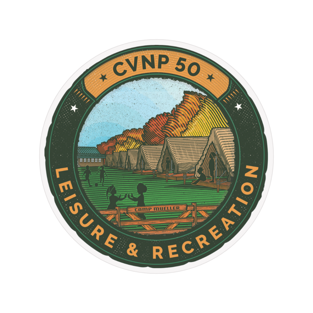 A graphic of an illustrated sticker that reads CVNP 50, Leisure & Recreation. An illustration of children playing in a field near tents and a fence with a sign that reads Camp Mueller is included.