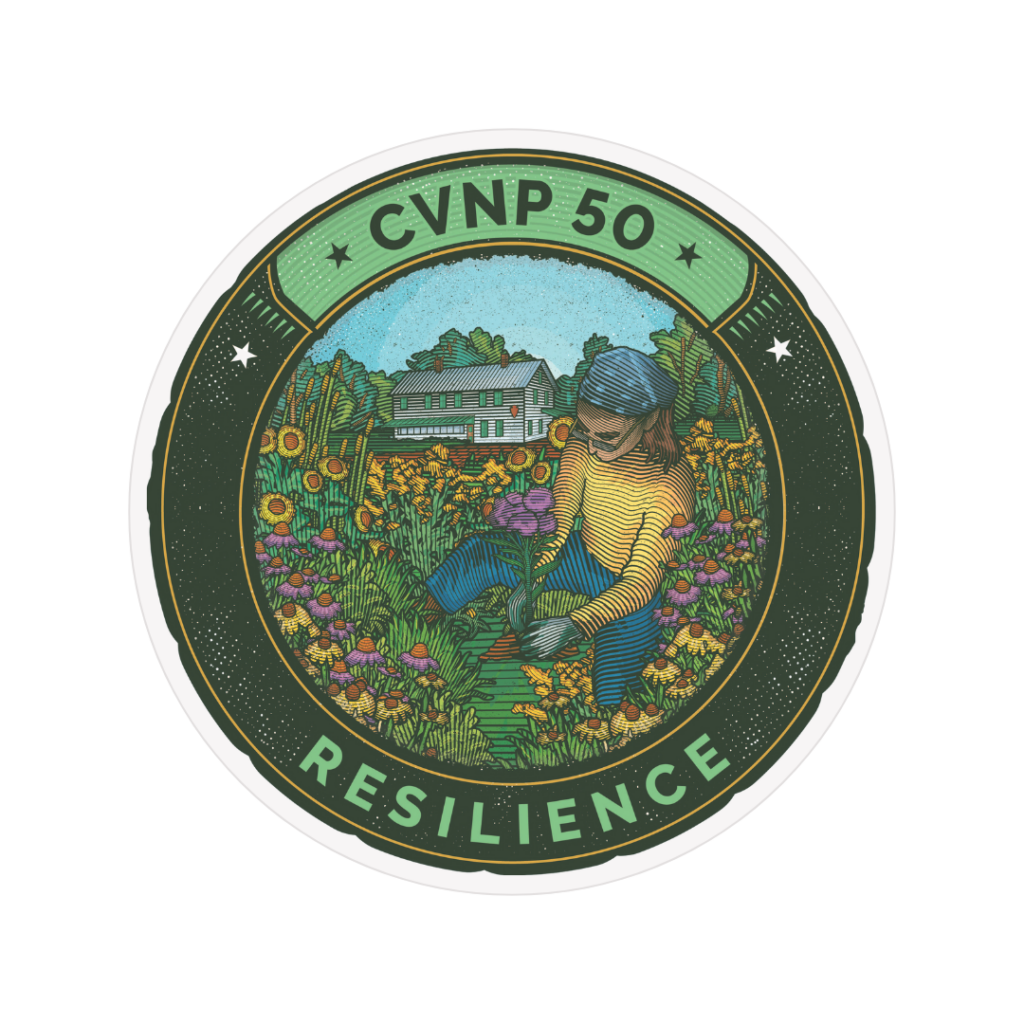 A graphic of an illustrated sticker that reads CVNP 50, Resilience. An illustration of a volunteer planting native flowers is included in the center.