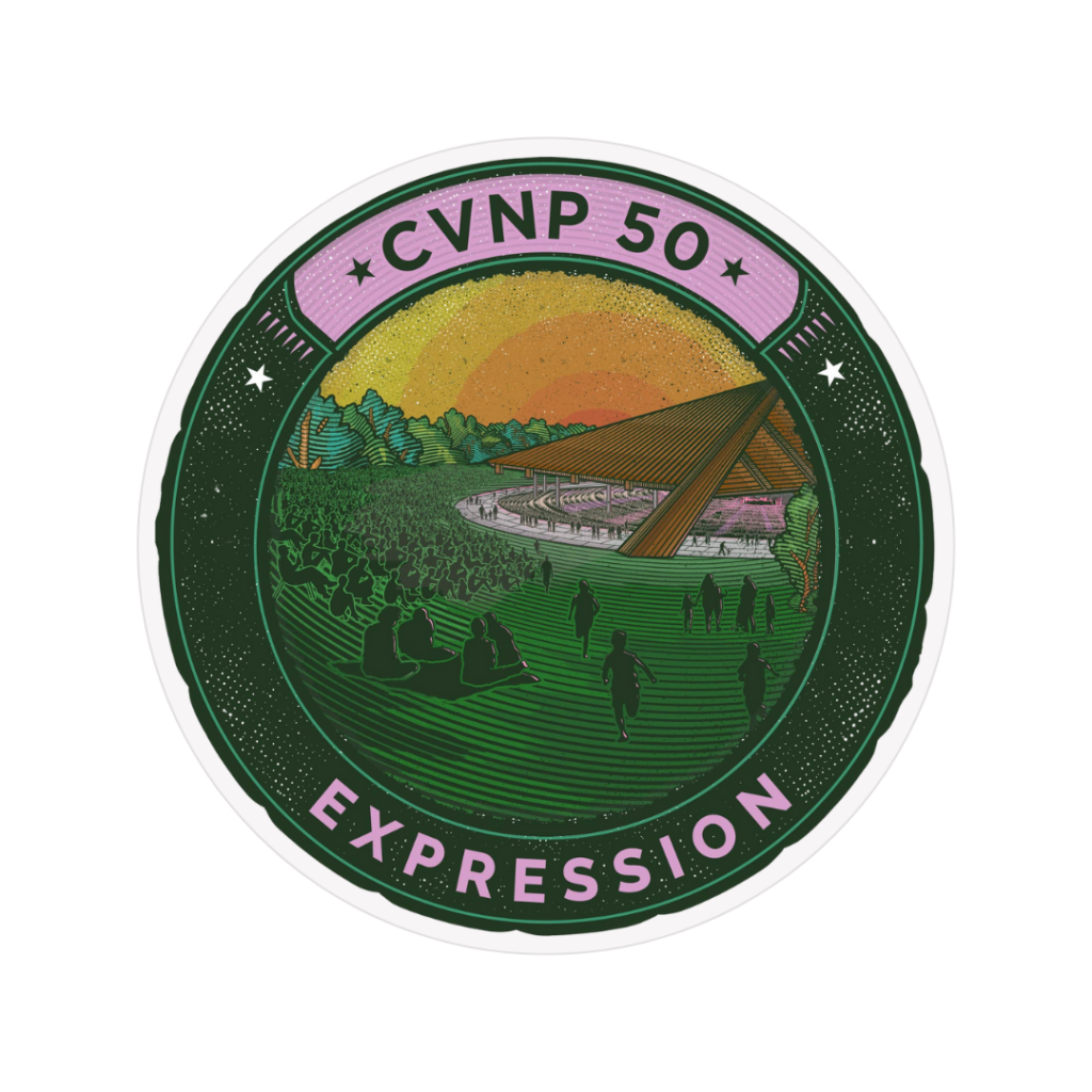 A graphic of an illustrated sticker that reads CVNP 50, Expression. An illustration of Blossom Music Center's outdoor pavilion is included in the center.