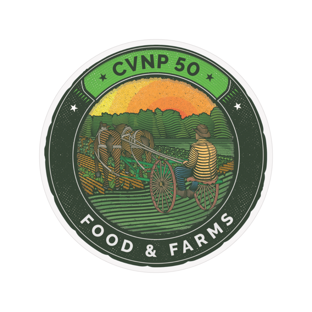 A graphic of an illustrated sticker that reads CVNP 50, Food & Farms. An illustration of a farmer riding a two-wheeled cart pulled by two large horses through a field is included in the center.