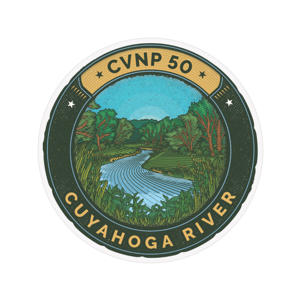 A graphic of an illustrated sticker that reads CVNP 50, Cuyahoga River. An illustration of a winding river surrounded by trees is included in the center.