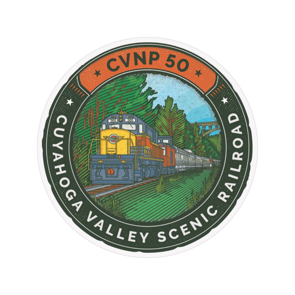 A graphic of an illustrated sticker that reads CVNP 50, Cuyahoga Valley Scenic Railroad. An illustration of a train is included in the center.