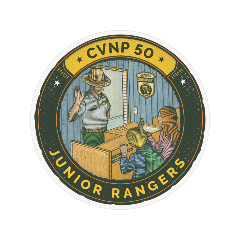 A graphic of an illustrated sticker that reads CVNP 50, Junior Rangers. An illustration of two children and a park ranger engaged in a swearing in ceremony is included in the center. 