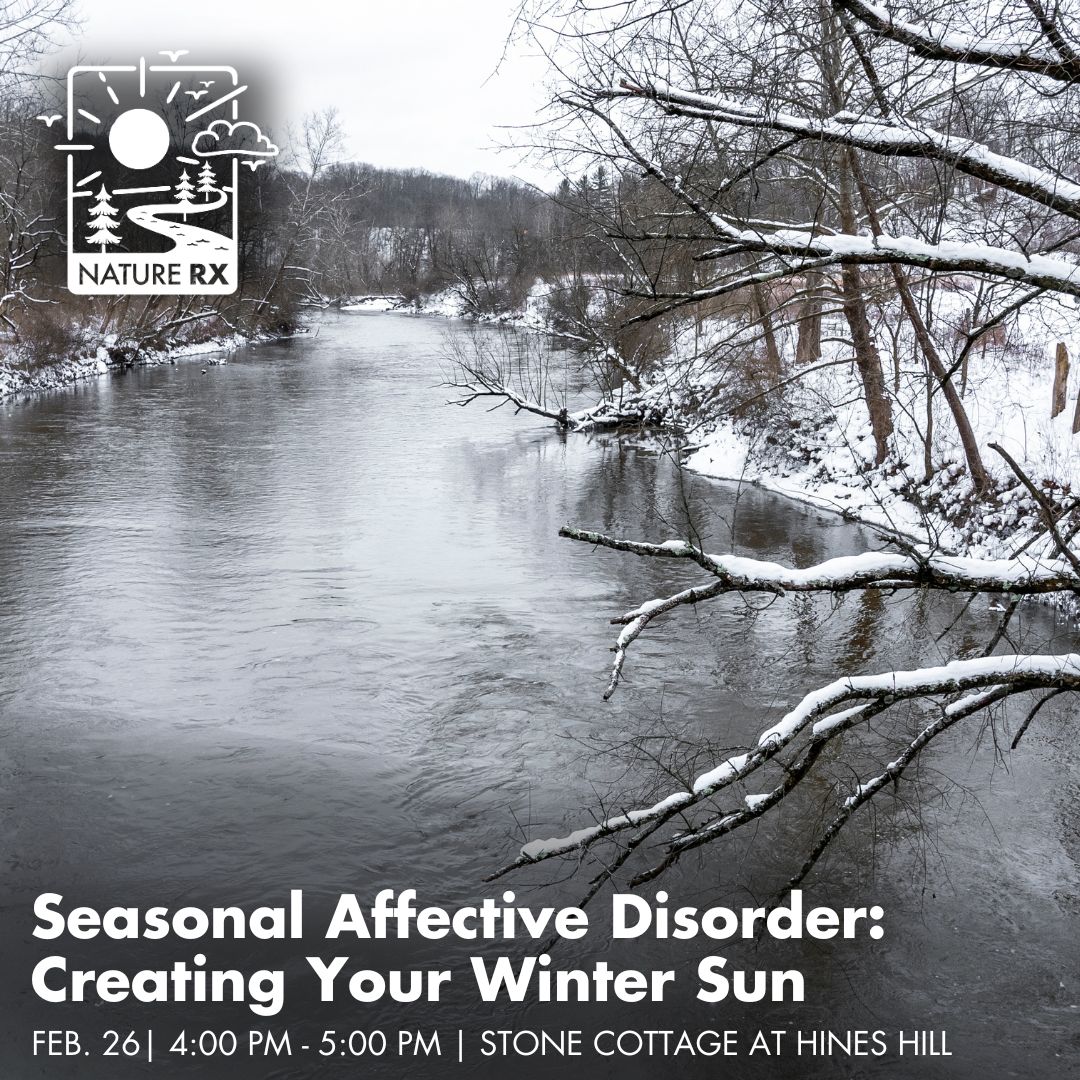 A photo of a river in winter. Words on the photo read: Seasonal Affective Disorder, Creating Your Winter Sun, February 26, 4 to 5 pm, Stone Cottage at Hines Hill.