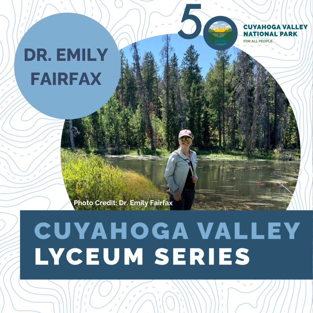 Dr. Emily Fairfax standing near a river framed with the words Cuyahoga Valley Lyceum Series.