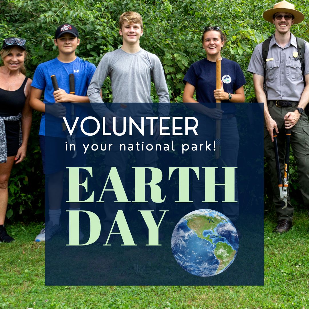 A photo of 5 people holding gardening equipment in front of a hedge. The words volunteer in your national park and Earth Day are overlaid onto the photo.